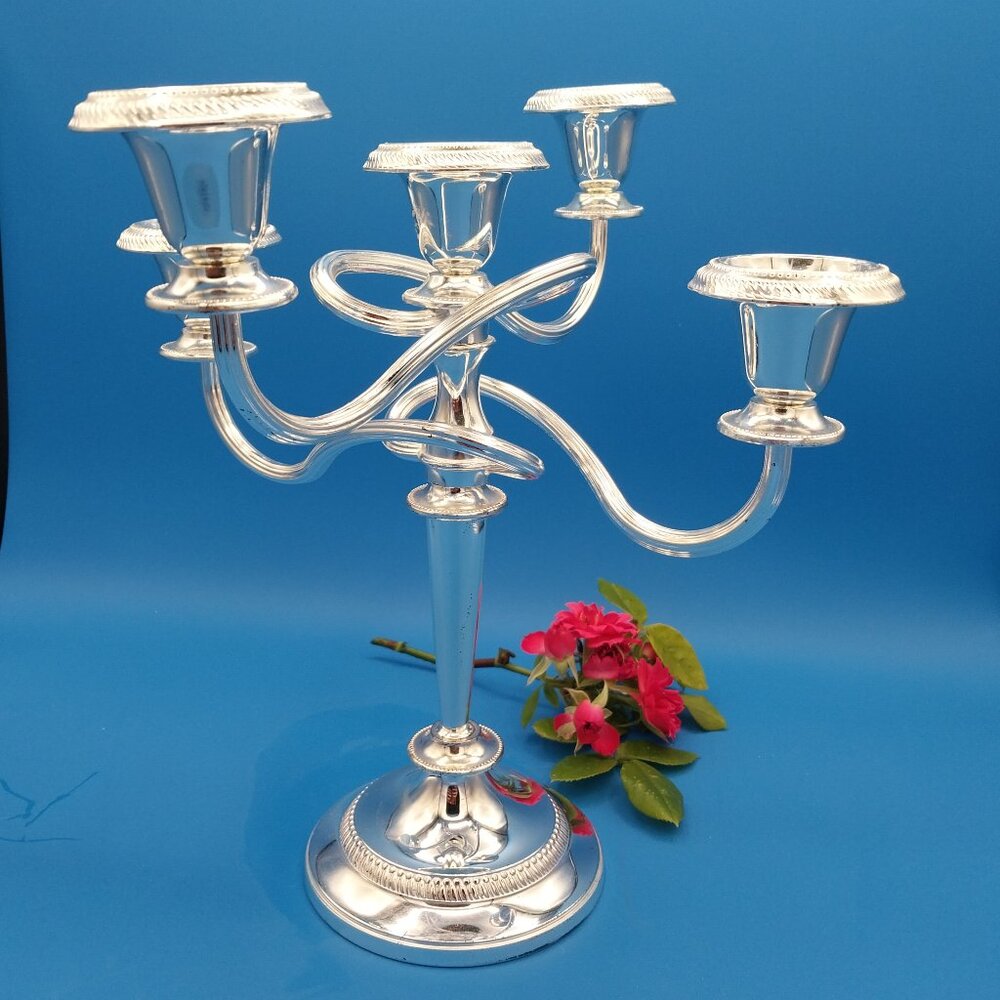 Vtg silver tone five light candelabra, candle holder - Picture 3 of 8